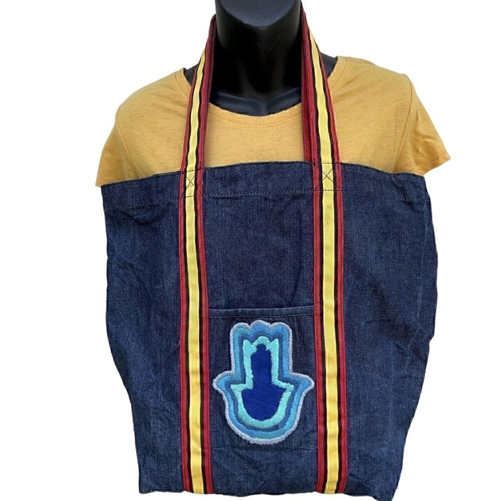 Old Navy Boho Embroidered Denim Tote Bag Ribbon Double Handle Striped Summer